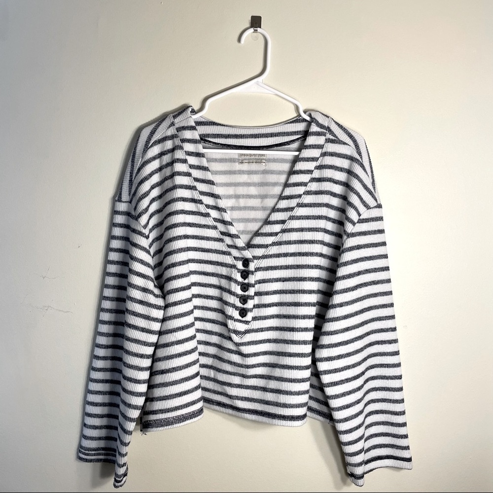 Urban Outfitters navy and white striped deep v-neck knit sweater wide sleeve